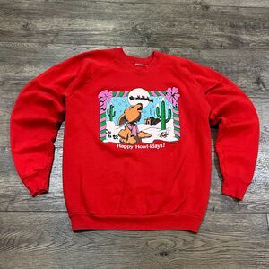 Vintage 90s Fruit of the Loom Happy Howl-idays Red Christmas Dog Sweatshirt XL